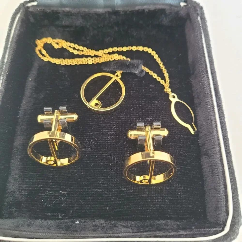 Dunhill Cufflinks Tie Charm Chain Set Gold Tone Logo Round Logo Vintage Box
